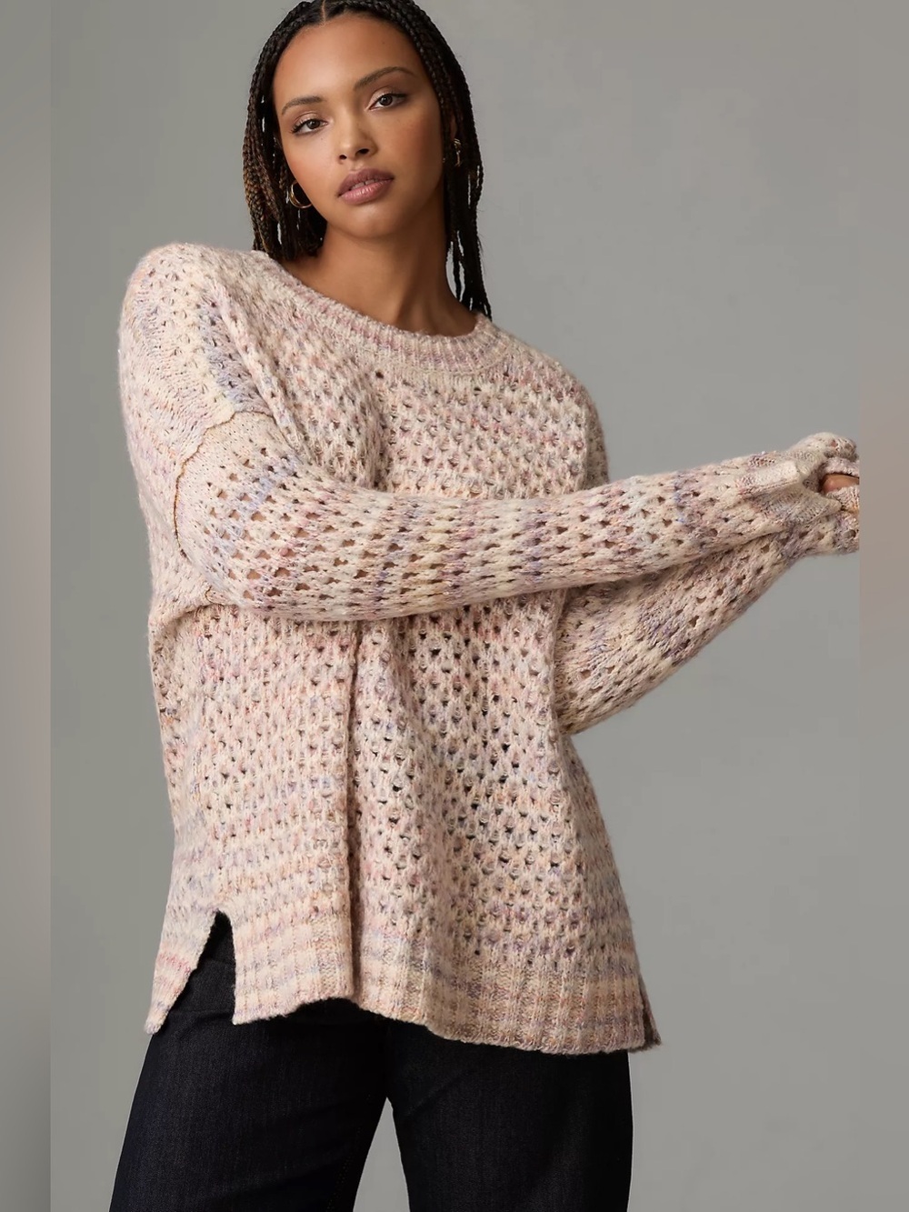 Anthropologie Oversized Mesh Stitch Sweater Pullover Rose Purple Ivory Knit